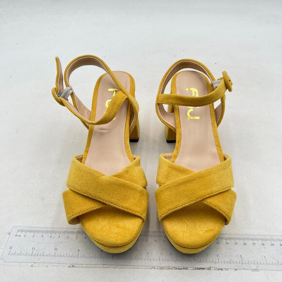 FSJ Yellow Peep Toe Chunky High Heels Platform Sandals Ankle Strap Suede Shoes - Picture 2 of 7